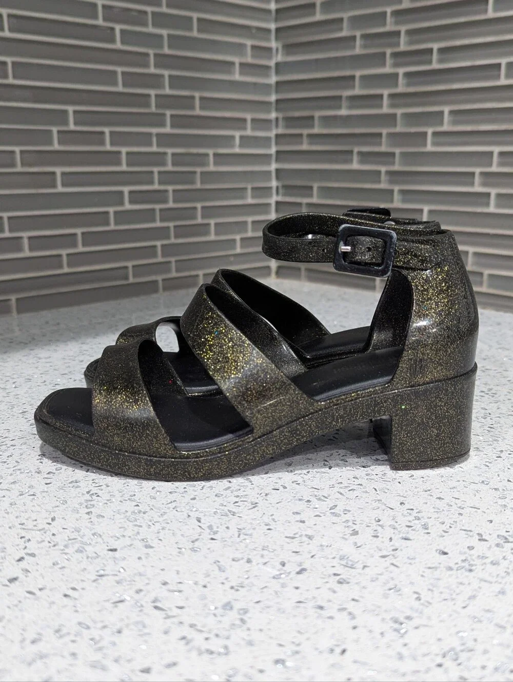 Mini Melissa Kids Black Gold Glitter Model Strappy Sandal Summer Girl Size 31 13